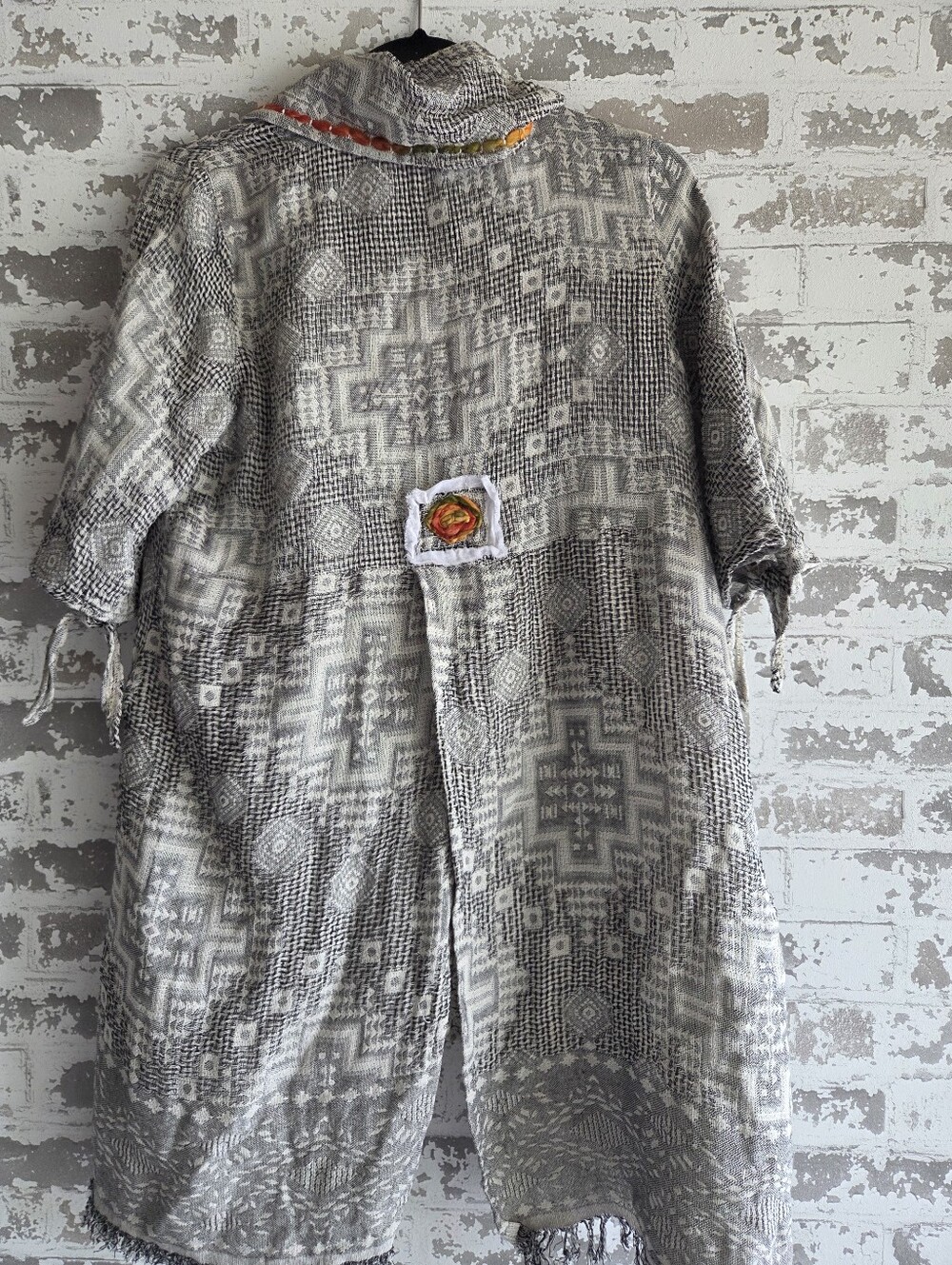 ​Paper Lace Boho Textured Cotton Knit Draped Open Cardigan Jacket Fringe Rosette - Picture 6 of 10
